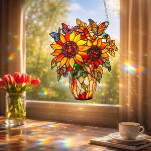Sunflower Butterfly Suncatcher, Stained Glass Style Acrylic Window Decor (Rainbow Light Maker)