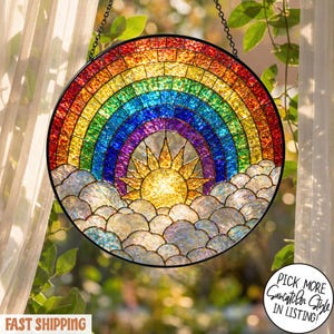 Rainbow and Sun Stained Glass Suncatcher, Colorful Clouds Window Hanging Art, Hope and Happiness Decor, Unique Gift for Rainbow Lovers