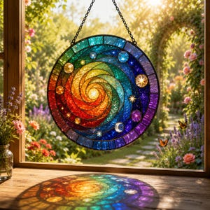 Rainbow Galaxy Spiral Suncatcher, Stained Glass Sun Catcher, Celestial Window Hanging, Boho Rainbow Glass Decor