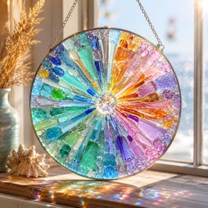 Sea Glass Rainbow Suncatcher, Crystal Prism Stained Glass Window Hanging, Summer Home Decor, Beach House Unique Suncatcher Gift Decor